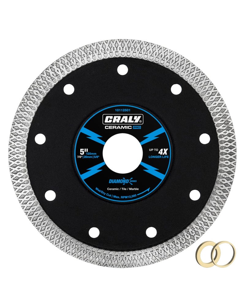 CRALY 5 Inch Super Thin Diamond Blade, 7/8 in Arbor, 5'' Diamond Tile Blade for Angle Grinder & Tile Saw, Diamond Cutting Wheel for Cutting Ceramic, Tile, Marble, Granite, Brick, Porcelain - Image 1
